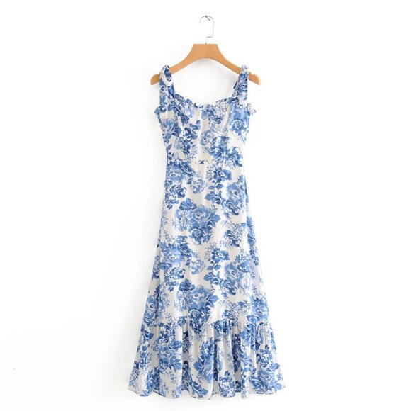 Blue Toile Floral Ruffle Midi Dress by Manu Reformation Nikita Olympia Size 6/S - Picture 4 of 16